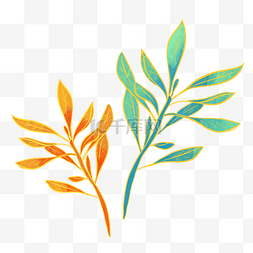 水彩植物叶片金色线描绿叶红叶