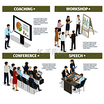 指导新商人、成功企业家的研讨会、分享经验的会议和制作激励性演讲矢量插图。辅导、研讨会、会议和演讲集