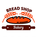 天然有机长面包图标，周围环绕着成熟的麦穗和擀面杖的棕色轮廓，上面写着面包店。
