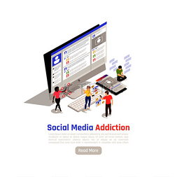 社交网络成瘾等轴测背景带有台式
