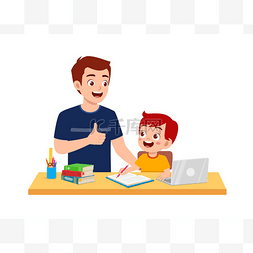 cute little boy study with father at home tog