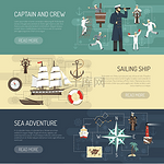 帆船横横幅网页设计帆船历史船长船员和海上冒险信息3横横幅网页设计孤立矢量插图