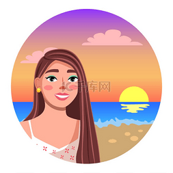 沙滩上的的女孩图片_在海洋日落时间的背景下，穿着夏