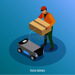 机器人背景素材图片_包裹递送等距背景与男性工人装货