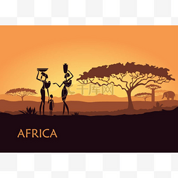 非洲女人上日落背景
