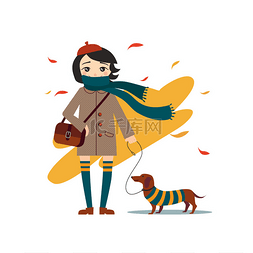 卡通dog图片_Young Pretty Girl Walking With Dog