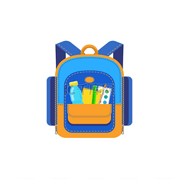 袋包装和图片_带有文具隔离图标的学校背包矢量