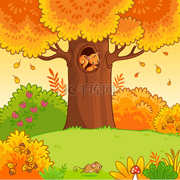 大松鼠图片_秋林中的大黄树与松鼠、落叶和小