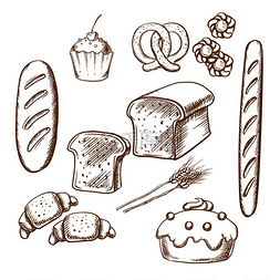面包店涂鸦图片_面包店素描图标设置为咖啡厅、餐