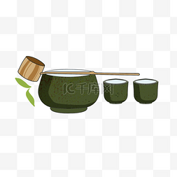 手绘茶壶和杯子图片_绿色三件套日本茶壶和杯子