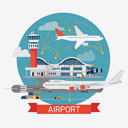卡通装饰旅行图片_机场航站楼，带控制塔和飞机. 