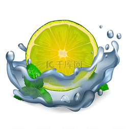 绿叶和水滴图片_多汁的柠檬或酸橙和薄荷绿叶与水