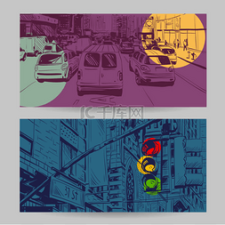 汽车漫画图片_Set of city banner design elements, vector il