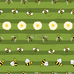 蜜蜂和花朵图片_在绿色条纹背景上饰有蜜蜂和花朵