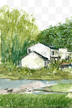 村庄水墨画图片_河边的房子
