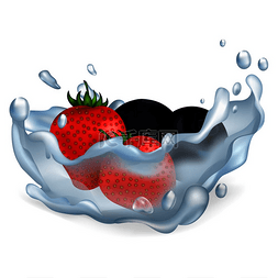 新鲜成熟的草莓和蓝莓滴在纯净水