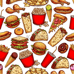一堆零食实物图片_快餐无缝草图图案以热狗汉堡或三