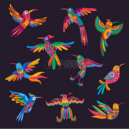 色彩斑斓布图片_墨西哥五颜六色的蜂鸟和鹦鹉。