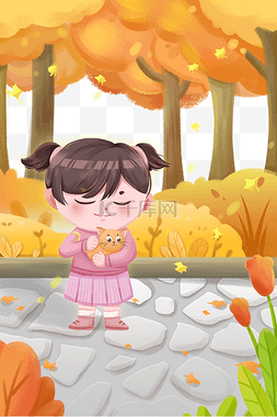 秋天秋季卡通可爱人物女孩和猫