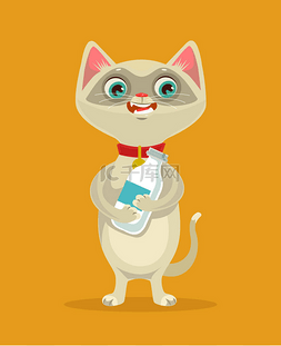 小小背景图片_快乐猫性格举行牛奶瓶。矢量平面