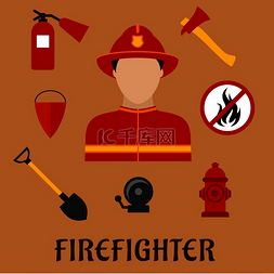 头盔标志图片_消防员职业平面图标与身穿红色防