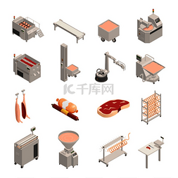 工厂自动化图标图片_香肠厂一套等距图标、鲜肉和成品