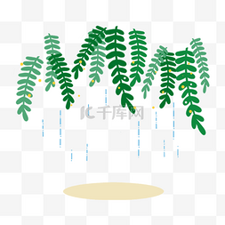 卡通雨点图片_春雨中绿色树叶装饰图案