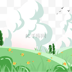 画作边框图片_白色云朵和草地春季花卉风景
