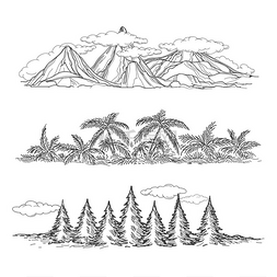 山林插图图片_涂鸦手绘风景与山林和棕榈树-流