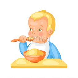 婴儿吃的食物图片_可爱的小宝宝与一盘粥的插图。