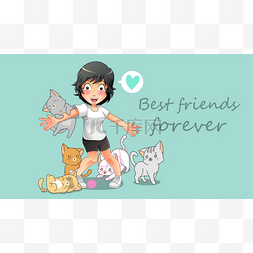 女孩和猫手绘图片_女孩和许多猫的友谊.