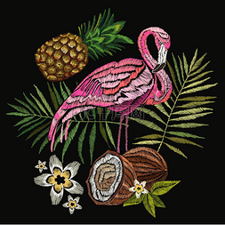 卡通的火烈鸟图片_刺绣火烈鸟，棕榈树的叶子，菠萝