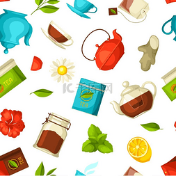 茶壶与茶图片_无缝图案与茶和配件、包和水壶。