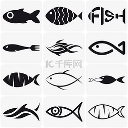 aqua图片_Set of creative black fish icons on white bac