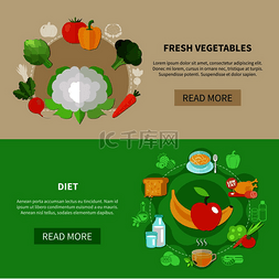 新鲜水果和蔬菜图片_两种颜色的健康饮食横幅配有新鲜