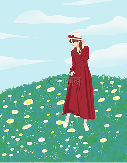旅行纪念图片_帽子红裙女孩户外踏青出游山坡花