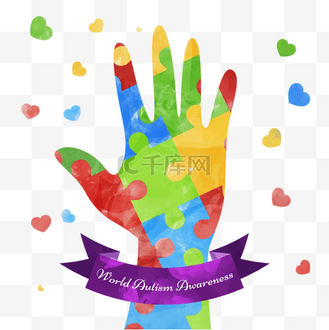 世界提高自闭症意识日彩色拼图填充手掌