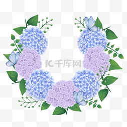 绣球花卉水彩蝴蝶蓝色边框
