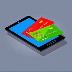 灰色的手机屏幕图片_绿色和红色支付卡躺在手机或平板
