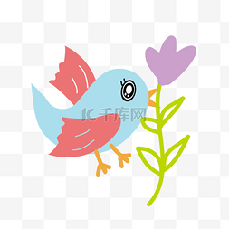 青色红色卡通可爱小鸟花朵