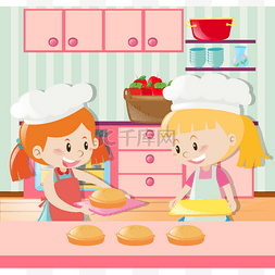 手绘两个女孩图片_两个女孩在厨房里做馅饼