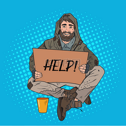 握住乞丐的手图片_流行艺术无家可归的男乞丐用标牌