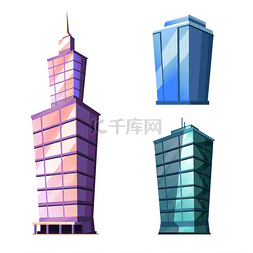 游戏建筑插图图片_一组摩天大楼玻璃建筑隔离在白色