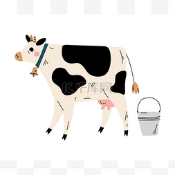 奶牛和牛奶桶， 农业， 奶牛畜牧