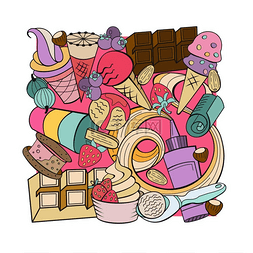 矢量手绘小暑插图图片_带水果和浇头的各种冰淇淋手绘手