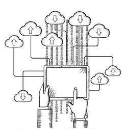 云朵风格图标下载图片_人们手中的平板电脑，通过数据流