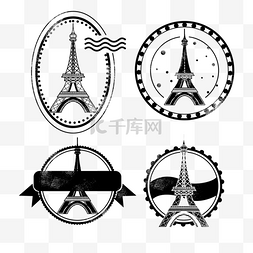 法国城市矢量图片_埃菲尔铁塔邮票复古插图