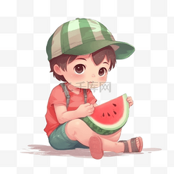 儿童大暑图片_卡通夏日吃西瓜儿童