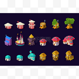 树蘑菇图片_平面矢量集的彩色建筑为移动游戏
