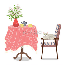 灰猫图片_圆桌、插着一束鲜花的花瓶、咖啡